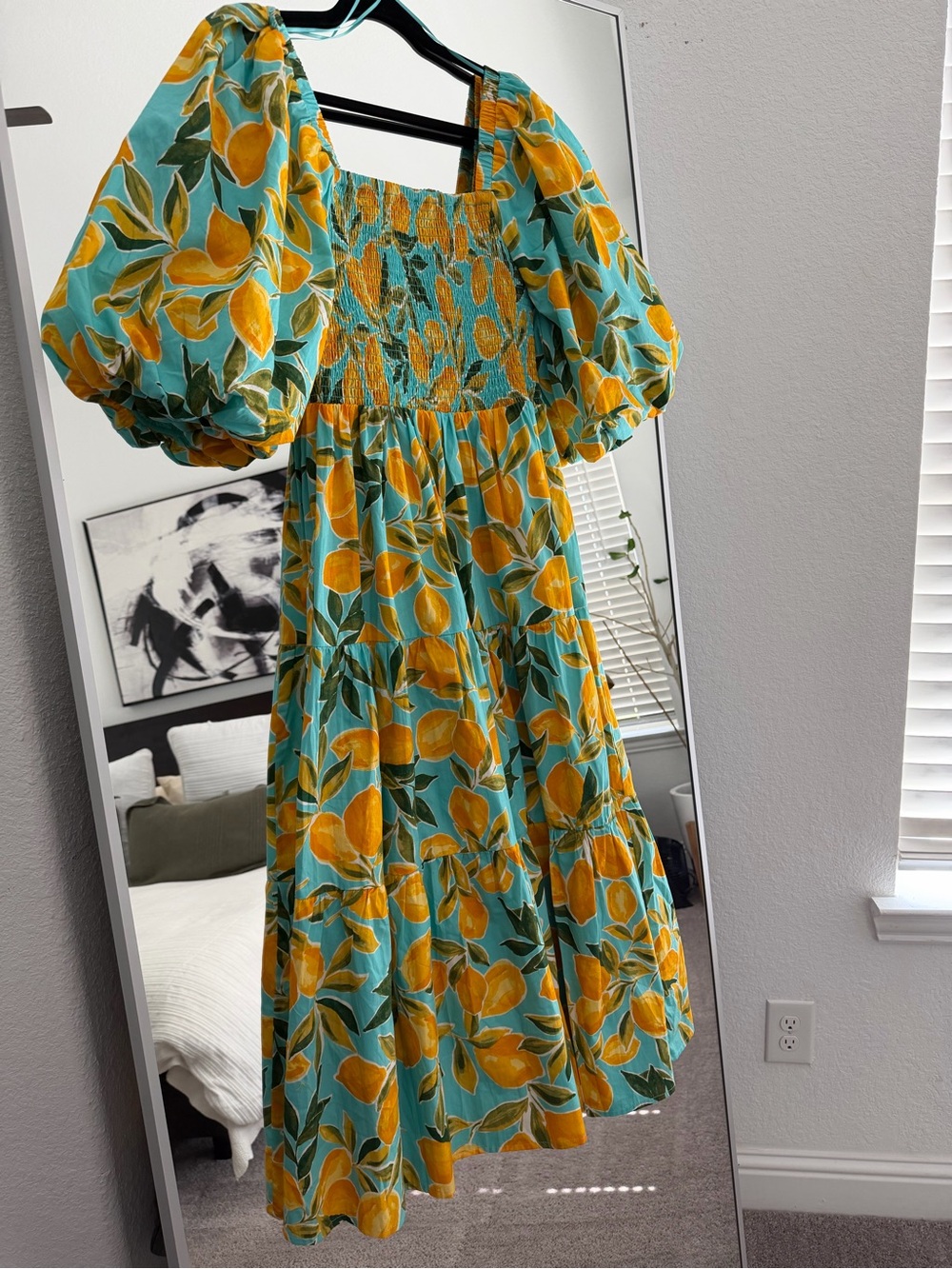 Turquoise Lemon-Print Puff-Sleeve Maxi Dress